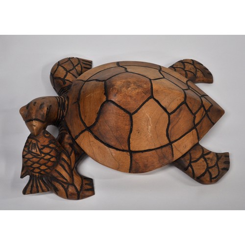 89 - Hand Carved Large Solid Wood Sea Turtle Eating Fish AF.  Approx L50cm