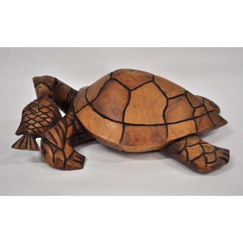 89 - Hand Carved Large Solid Wood Sea Turtle Eating Fish AF.  Approx L50cm