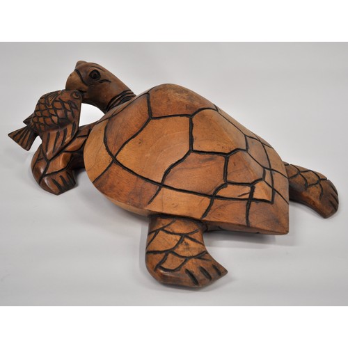 89 - Hand Carved Large Solid Wood Sea Turtle Eating Fish AF.  Approx L50cm