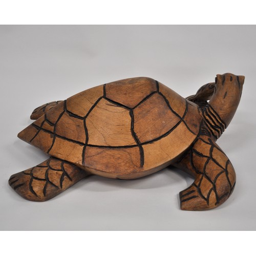 89 - Hand Carved Large Solid Wood Sea Turtle Eating Fish AF.  Approx L50cm