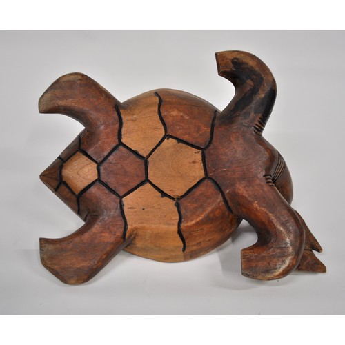 89 - Hand Carved Large Solid Wood Sea Turtle Eating Fish AF.  Approx L50cm