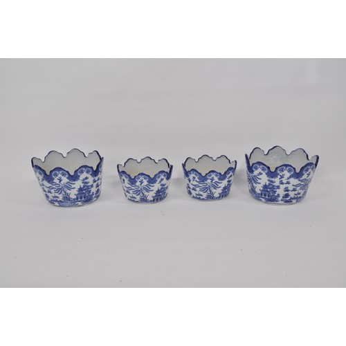 106 - Blue and white ceramic oval planters, Willow pattern style designs depicting pagoda landscape scenes... 