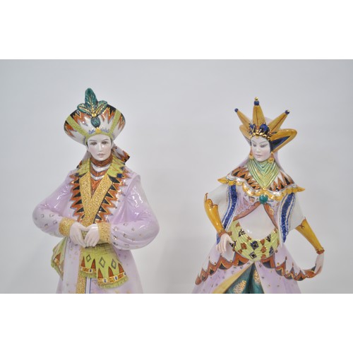 111 - Two very large Italian hand-painted ceramic statuettes,  in traditional Venetian attire, with signat... 