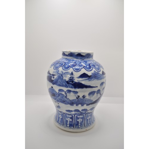 113 - Oriental blue and white vase with Pagoda, landscape, fishing scenes, stamp to base, approx H20cm