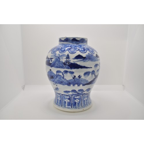 113 - Oriental blue and white vase with Pagoda, landscape, fishing scenes, stamp to base, approx H20cm