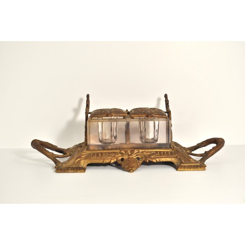 130 - Antique Townsend & Co double brass cut glass inkwell with decorative bow and swag design, AF