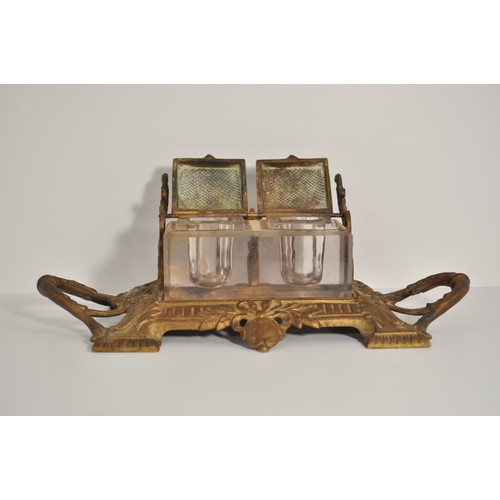 130 - Antique Townsend & Co double brass cut glass inkwell with decorative bow and swag design, AF