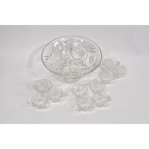 133 - Vintage glass Punch bowl with x12  cups, diameter 14