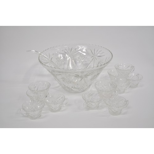 133 - Vintage glass Punch bowl with x12  cups, diameter 14