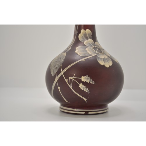 134 - Bohemian Florentine Art Cameo glass vase, hand painted with flower stem design