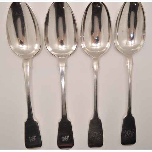 140 - x4 Victorian and Georgian Silver serving spoons, hallmarked London Makes WJ, WE, CW, with monograms ... 