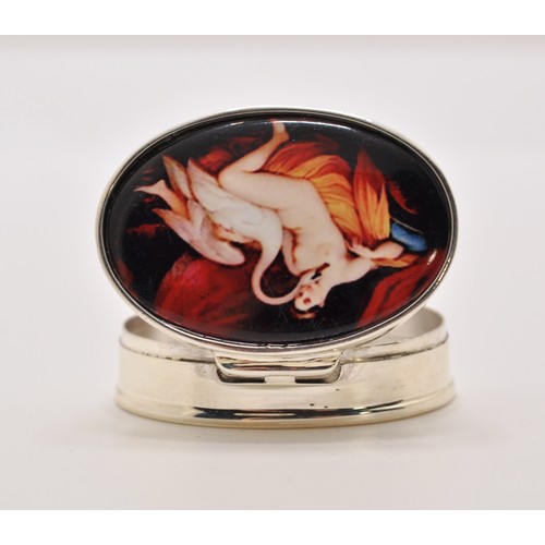 150 - Oval shaped pill box with enamel image of female form with swan, stamped Sterling to inside lid