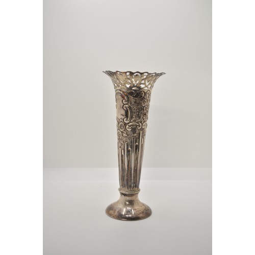 152 - Antique Walker & Hall silver vase with pierced detailing to top, and flowers, hallmarked Sheffield, ... 