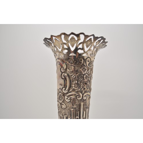 152 - Antique Walker & Hall silver vase with pierced detailing to top, and flowers, hallmarked Sheffield, ... 