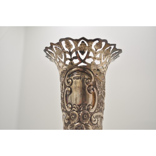 152 - Antique Walker & Hall silver vase with pierced detailing to top, and flowers, hallmarked Sheffield, ... 