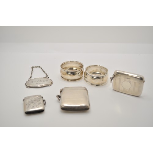 154 - Group of silver items consisting Brandy decanter  label 3 vesta cases hallmarked Chester and Birming... 