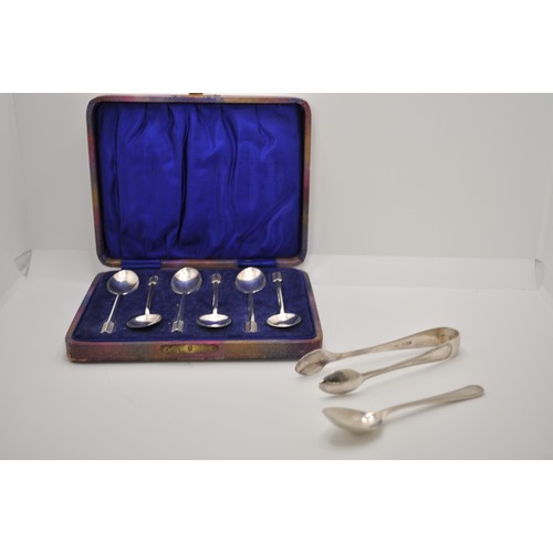 155 - Cased spoons with finials, hallmarked Birmingham 1932, together with sugar tongs and one other spoon... 