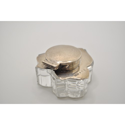 158 - Antique cut glass silver topped inkwell, in the shape of a leaf, S & Co Hallmarked Birmingham 1902.