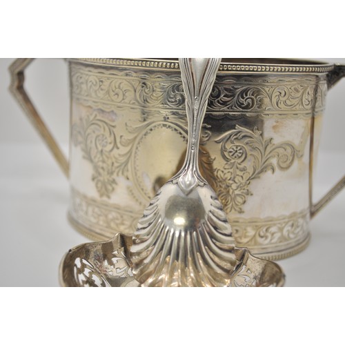 162 - Silver and Silver plate items consisting engraved twin handled decorative pot, napkin rings, match c... 