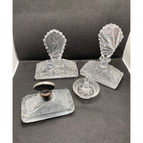 168C - Vintage/Art Deco dressing table/vanity items consisting cut crystal/glass perfume bottles and matchi... 