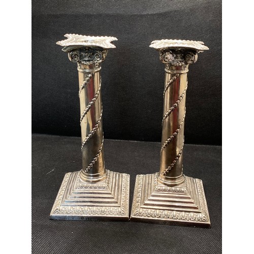 168D - Antique pair of silver candlesticks, cylindrical columns with bluebell flower spiral designs, Willia... 