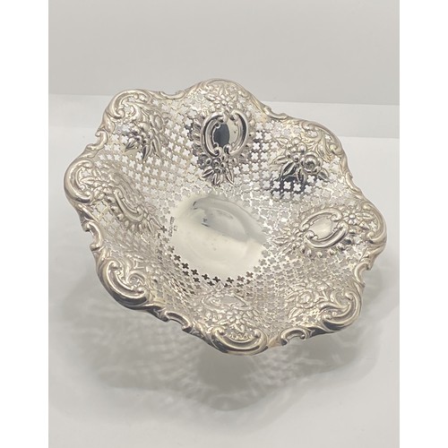 222 - James Dixon & Sons - Silver bon bon dish of pierced design with raised flower and scroll detailing, ... 