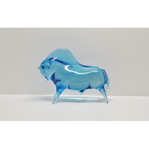 365 - Very heavy Murano style glass blue figure  of a bull 25cms long x 19cms tall