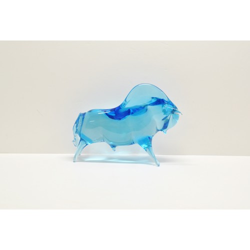 365 - Very heavy Murano style glass blue figure  of a bull 25cms long x 19cms tall