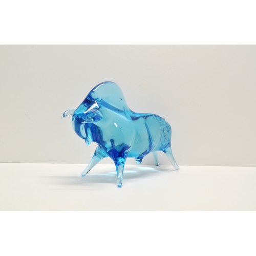 365 - Very heavy Murano style glass blue figure  of a bull 25cms long x 19cms tall