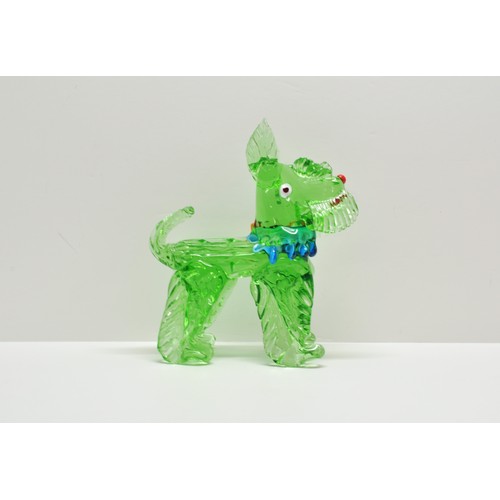 369 - Venetian/Murano style green Scottie Dog with adorable tartan bow, size H22cms x W19cms