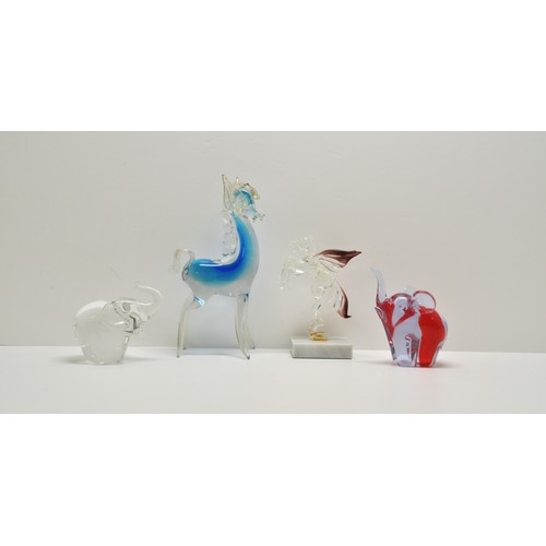 376 - Large blue glass figure of a horse, poss Murano, 24cms tall. Pegasus on plinth, and x2 glass elephan... 