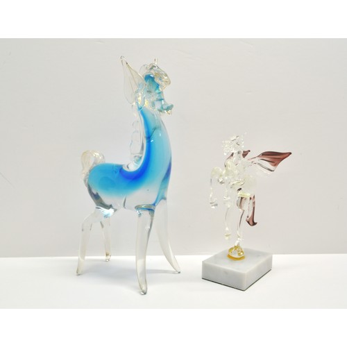 376 - Large blue glass figure of a horse, poss Murano, 24cms tall. Pegasus on plinth, and x2 glass elephan... 