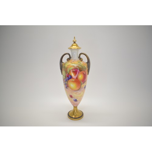 389 - Royal Worcester fruit vase depicting apples and blackberries, signed Leaman, approx height 31cm