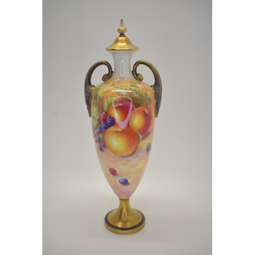 389 - Royal Worcester fruit vase depicting apples and blackberries, signed Leaman, approx height 31cm