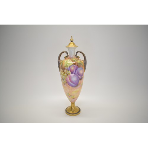 389 - Royal Worcester fruit vase depicting apples and blackberries, signed Leaman, approx height 31cm