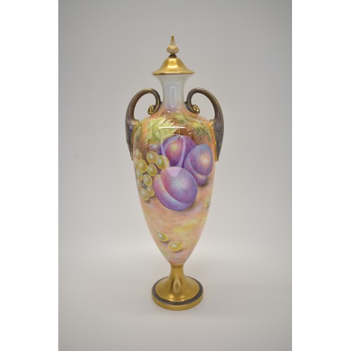 389 - Royal Worcester fruit vase depicting apples and blackberries, signed Leaman, approx height 31cm