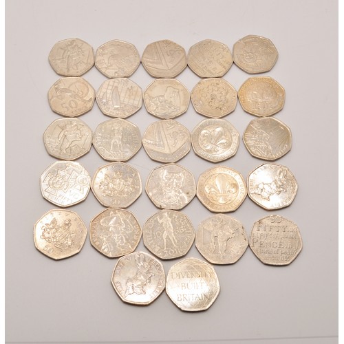 96 - Collectible 50 pence coins (50p x27 in total), various themes to include; VC medal, Beatrix Potter, ... 