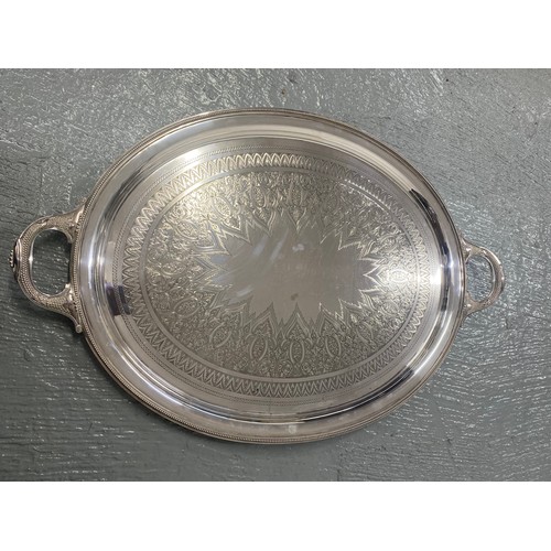 226 - Very large oval twin handled tray with engraved design, makers stamp to back James Dixon EPNS