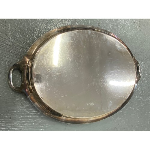 226 - Very large oval twin handled tray with engraved design, makers stamp to back James Dixon EPNS