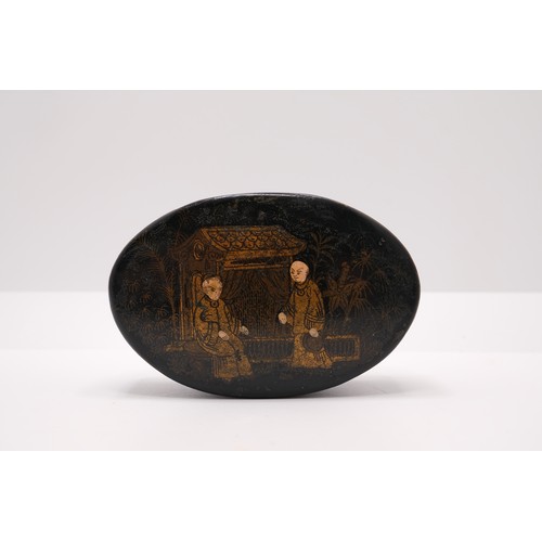 1 - Oriental ebonised hand painted snuff box of oval form with hinged lid, approx. L7.5cm x H5cm x D2.5c... 