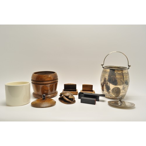 2 - Mixed items consisting of an antique James Deakin biscuit barrel, wooden  tobacco jar, x2 snuff boxe... 