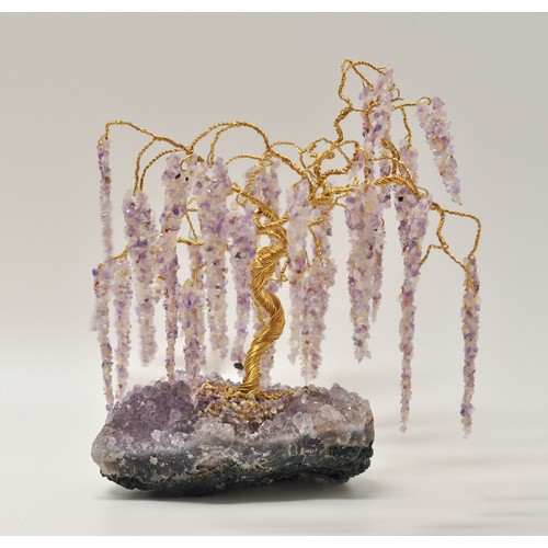 3 - Amethyst gemstone wired wisteria tree approx H15cm together with an oriental wire and semi-precious ... 