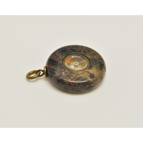 6 - Vintage fob compass, set into semi-precious stone poss. dragons blood