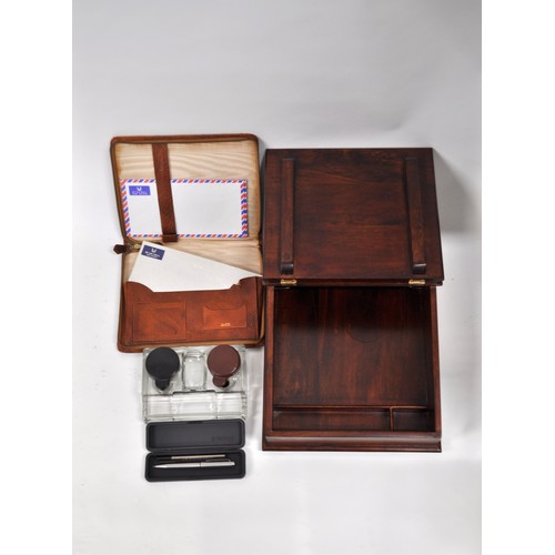 7 - Mahogany writing slope together with glass inkwells, a Parker pencil and a leather writing case