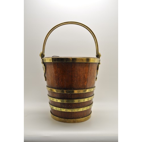 12 - Antique peat bucket with brass decoration and inner liner, approx H28cm, Diameter top 28cm