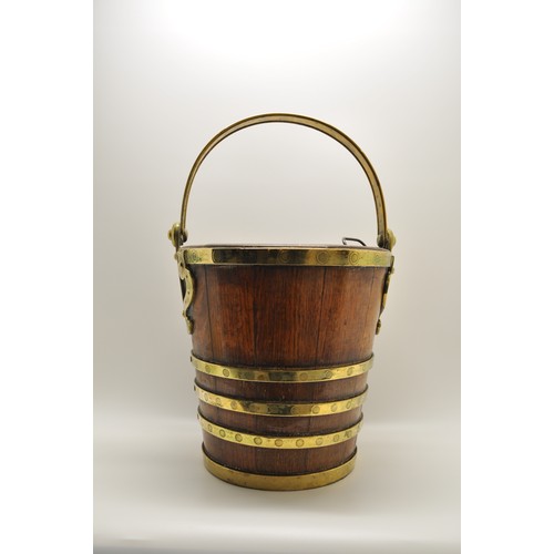 12 - Antique peat bucket with brass decoration and inner liner, approx H28cm, Diameter top 28cm