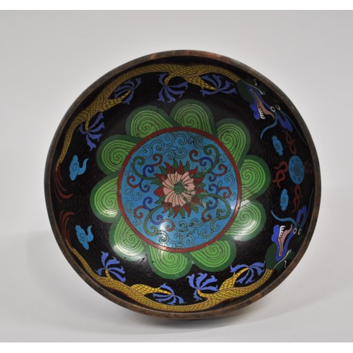 25 - Cloisonne bowl with colourful dragon design, approx H11.5cm x D22.5cm