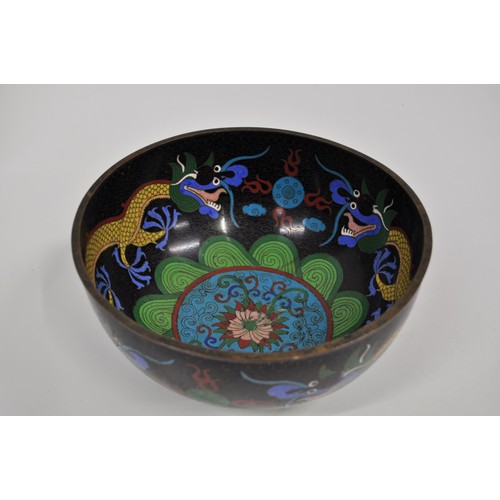 25 - Cloisonne bowl with colourful dragon design, approx H11.5cm x D22.5cm