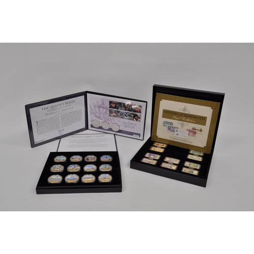 64 - Mixed group of commemorative coins, all in presentation boxes to include; The Queen's Reign ultimate... 