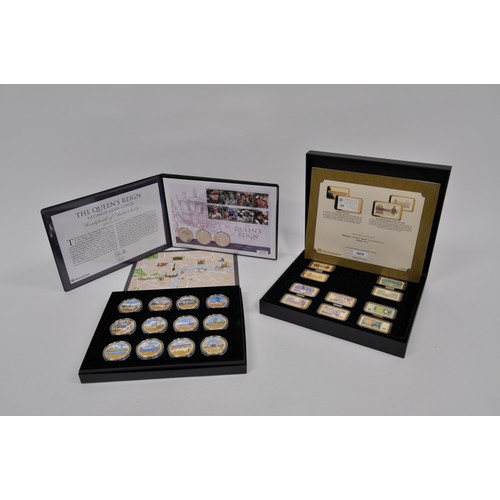 64 - Mixed group of commemorative coins, all in presentation boxes to include; The Queen's Reign ultimate... 